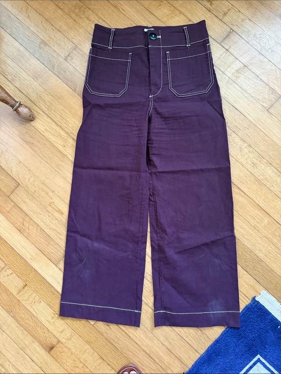 Maeve Pants - Maeve by Anthropology- Cropped Wide-Leg Pants in Plum with White Stitching